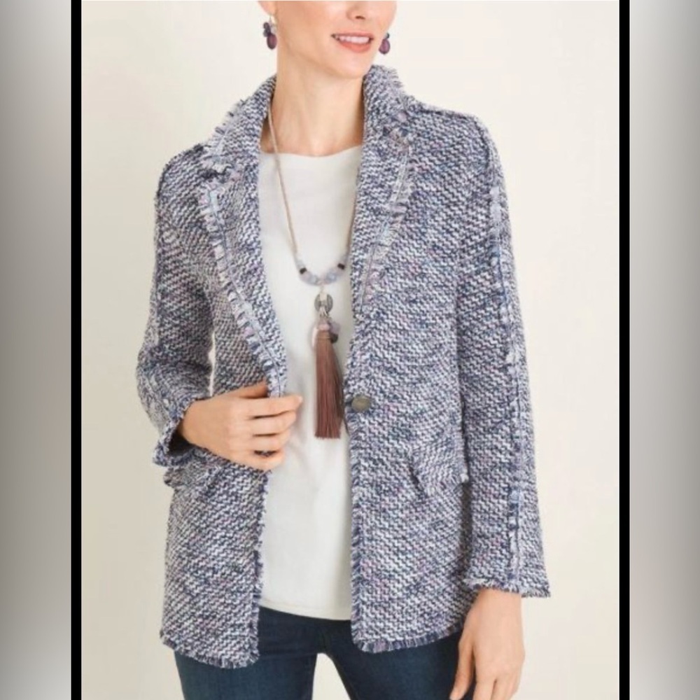 Chico’s Size 2 Textured Knit Jacket Blazer Blue Pink Tweed Fringe Trim